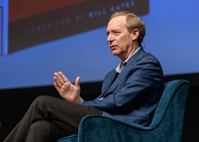 Microsoft President Brad Smith in 2019. (GeekWire Photo / Kevin Lisota)