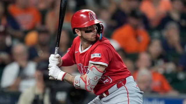 Angels shortstop Zach Neto bats against the Houston Astros during the second inning Sept. 21, 2024, in Houston. (AP Photo/Eric Christian Smith)