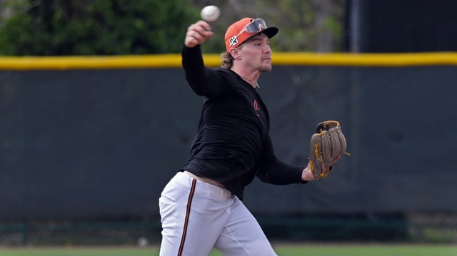 Orioles’ Gunnar Henderson  works out during spring training in Sarasota, Florida, on Thursday. (Kenneth K. Lam/Staff)
