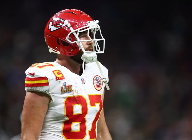 Feb 9, 2025; New Orleans, LA, USA;  Kansas City Chiefs tight end Travis Kelce (87) reacts in the fourth quarter against the Philadelphia Eagles in Super Bowl LIX at Ceasars Superdome. Mandatory Credit: Mark J. Rebilas-Imagn Images/File Photo