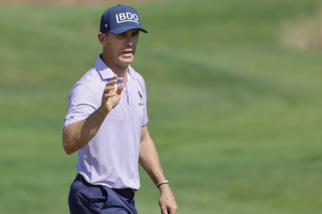 Feb 27, 2025; Palm Beach Gardens, Florida, USA; Billy Horschel reacts to the crowd applause after making his putt on the third green  the first round of the Cognizant Classic in The Palm Beaches golf tournament. Mandatory Credit: Reinhold Matay-Imagn Images