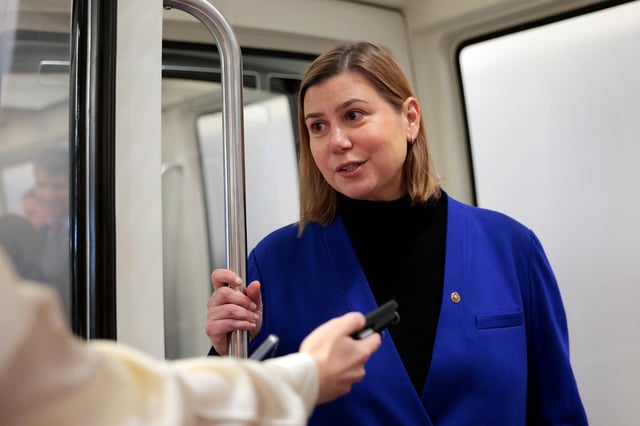 Sen. Elissa Slotkin speaks to a reporter in the Senate Subway of the US Capitol on February 13, in Washington, DC.