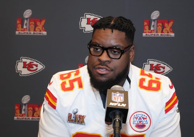 Feb 5, 2025; New Orleans, LA, USA;  Kansas City Chiefs guard Trey Smith (65) in a press conference ahead of Super Bowl LIX at New Orleans Marriott. Mandatory Credit: Kirby Lee-Imagn Images/File Photo