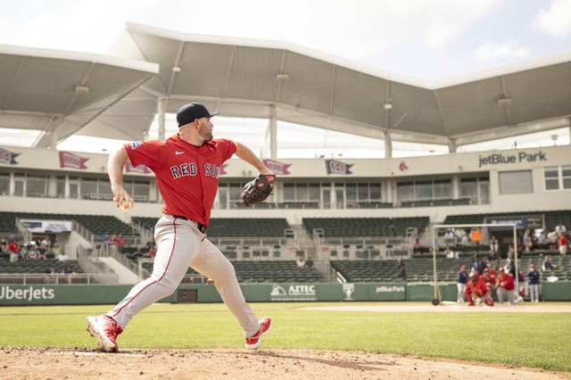 FORT MYERS, FLORIDA - FEBRUARY 18: Liam Hendriks #31 of the Boston Red Sox throws live batting practice during a Spring Training workout at JetBlue Park at Fenway South on February 18, 2025 in Fort Myers, Florida. (Photo by Maddie Malhotra/Boston Red Sox/Getty Images)