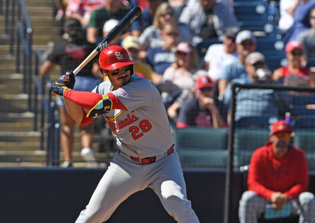 TAMPA, FLORIDA - FEBRUARY 26: Nolan Arenado #28 of the St. Louis Cardinals bats in the fifth inning during a spring training game against the New York Yankees at George M. Steinbrenner Field on February 26, 2025 in Tampa, Florida.