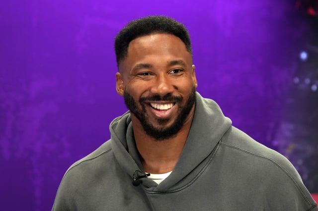 Feb 5, 2025; New Orleans, LA, USA; Cleveland Browns defensive end Myles Garrett on radio row at the Super Bowl LIX media center at the Ernest N. Morial Convention Center. Mandatory Credit: Kirby Lee-Imagn Images/File Photo