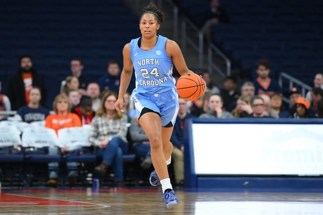 Indya Nivar #24 of the North Carolina Tar Heels dribbles up the court against the Syracuse Orange during the second half at the JMA Wireless Dome on February 20, 2025 in Syracuse, New York. North Carolina won 68-58.