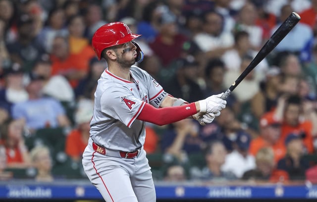 Sep 22, 2024; Houston, Texas, USA; Los Angeles Angels shortstop Zach Neto (9) hits a home run during the eighth inning against the Houston Astros at Minute Maid Park. Mandatory Credit: Troy Taormina-Imagn Images/File Photo
