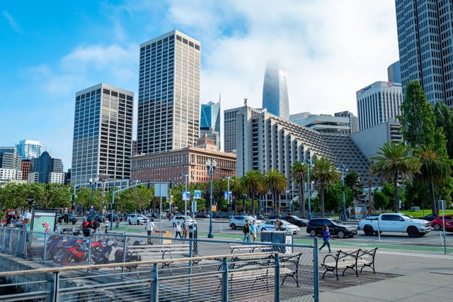 One Market Street, where Autodesk is headquartered, is visible at the left-center of this image from Aug. 17, 2023. The company announced a large layoff round on Thursday, Feb. 27, 2025.