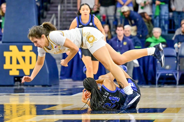 Feb 17, 2025; South Bend, Indiana, USA; Notre Dame Fighting Irish guard Sonia Citron (11) and Duke Blue Devils guard Reigan Richardson (24) collide while attempting to recover a loose ball in the first half at the Purcell Pavilion. Mandatory Credit: Matt Cashore-Imagn Images/File Photo