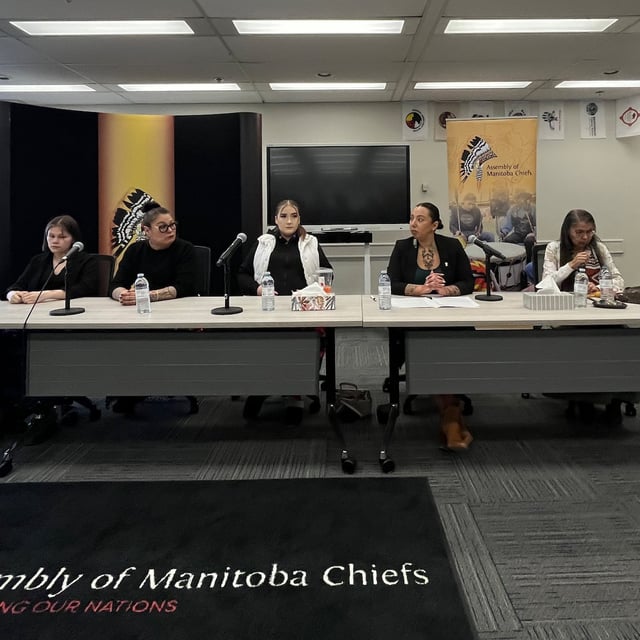 Families of Marcedes Myran and Morgan Harris, victims of a serial killer in Winnipeg, spoke with reporters on Thursday at the office of the Assembly of Manitoba Chiefs. Pictured from left to right: Elle Harris, Melissa Robinson, Jorden Myran, the Manitoba Assembly's Grand Chief Kyra Wilson and community elder Geraldine Shingoose on Feb 27, 2025.