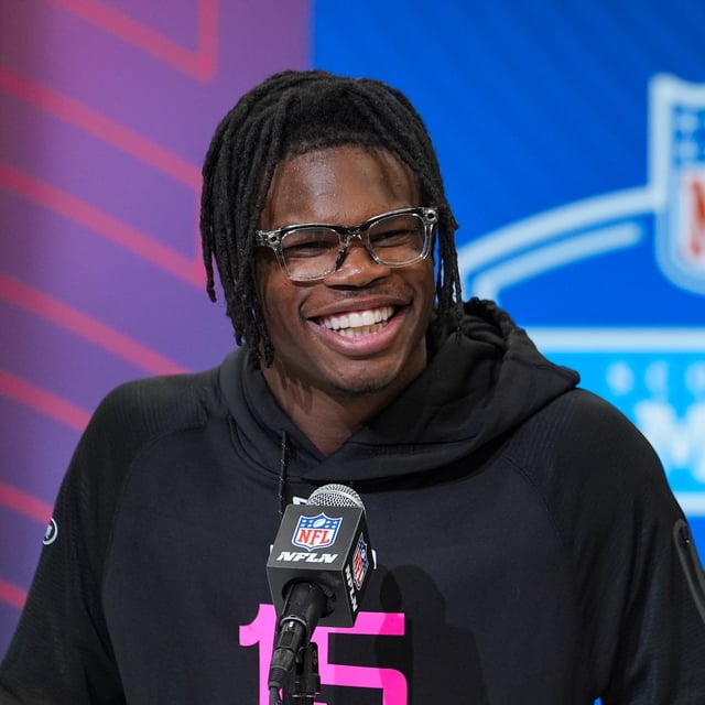 Colorado defensive back Travis Hunter speaks during a press conference at the NFL football scouting combine in Indianapolis, Thursday, Feb. 27, 2025. (AP Photo/Michael Conroy)