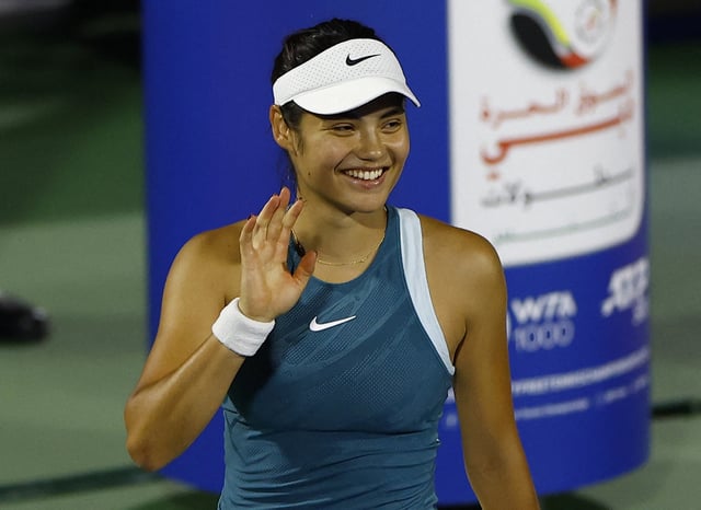 Tennis - Dubai Championships - Dubai Tennis Stadium, Dubai, United Arab Emirates - February 16, 2025 Britain's Emma Raducanu celebrates after winning her round of 64 match against Greece's Maria Sakkari REUTERS/Rula Rouhana/File Photo