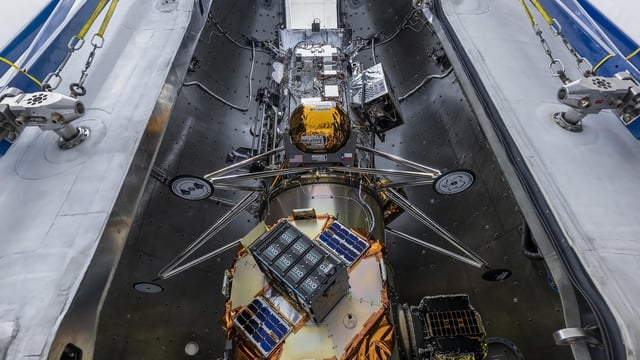 In this undated image released by NASA, Intuitive Machines’ newest lunar lander is seen attached to a SpaceX Falcon rocket. (NASA via AP)