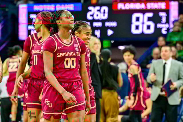 Feb 27, 2025; South Bend, Indiana, USA; Florida State Seminoles guard Ta'Niya Latson (00) reacts in the closing seconds against Notre Dame Fighting Irish at the Purcell Pavilion. Mandatory Credit: Matt Cashore-Imagn Images