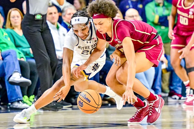 Feb 27, 2025; South Bend, Indiana, USA; Notre Dame Fighting Irish forward Liatu King (20) and Florida State Seminoles forward Makayla Timpson (21) go after a loose ball in the second half at the Purcell Pavilion. Mandatory Credit: Matt Cashore-Imagn Images