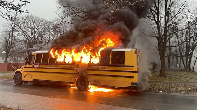 The image shows a school bus on fire that was carrying 15 students. All were rescued. 