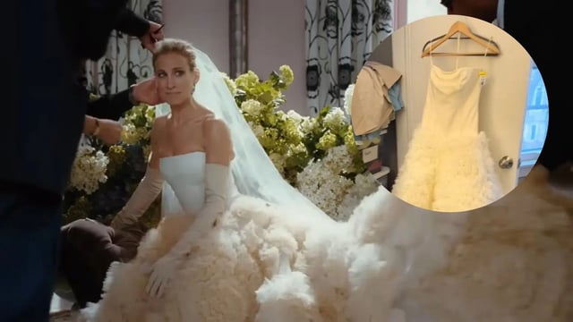 A still from Sex and the City and the wedding gown at the thrift store.