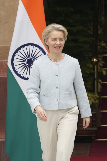 European Commission President Ursula von der Leyen arrives for a meeting with Indian Prime Minister Narendra Modi in New Delhi, India, Friday, Feb. 28, 2025. (AP Photo/Manish Swarup)