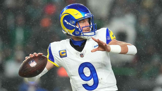 Matthew Stafford #9 of the Los Angeles Rams throws a pass against the Philadelphia Eagles during the third quarter in the NFC Divisional Playoff at Lincoln Financial Field on January 19, 2025 in Philadelphia, (Photo by Mitchell Leff / GETTY IMAGES NORTH AMERICA / Getty Images via AFP)
