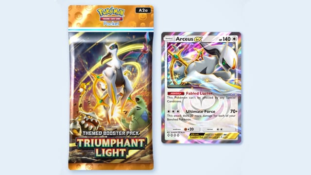 A Triumphant Light booster pack and an Arceus ex card in Pokémon TCG Pocket.