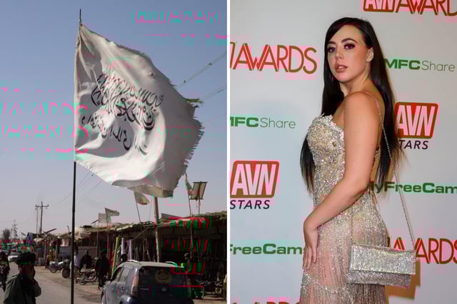 (R) Whitney Wright attends the 2020 Adult Video News AVN Awards at The Joint inside Hotel Hard Rock &amp; Casino in Las Vegas, Nevada, USA, on 25 January 2020. (L) FILE - Taliban flag in Sangin District.