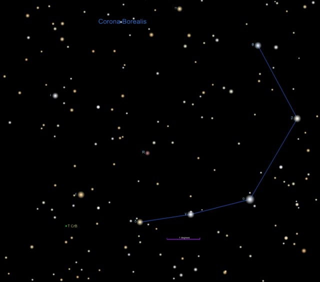 This closeup of Corona Borealis shows the location of T CrB with a green dot. In this view, North is up and East is left. Credit: Alison Klesman (via TheSkyX)