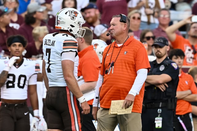Sep 21, 2024; College Station, Texas, USA; Bowling Green Falcons head coach Scot Loeffler speaks with quarterback Connor Bazelak (7) during the first quarter against the Texas A&M Aggies at Kyle Field. Mandatory Credit: Maria Lysaker-Imagn Images/File Photo