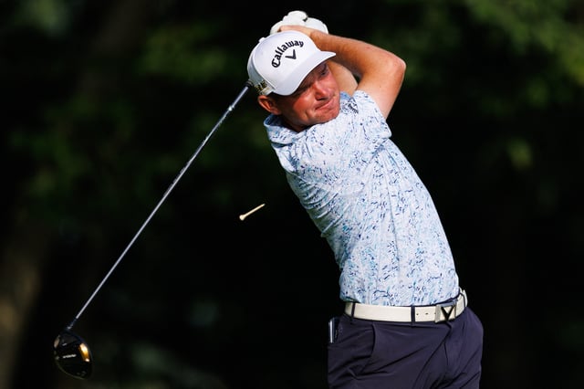 Jul 7, 2022; Nicholasville, Kentucky, USA; Dale Whitnell plays his shot from the third tee during the first round of the Barbasol Championship golf tournament. Mandatory Credit: Jordan Prather-USA TODAY Sports/File Photo