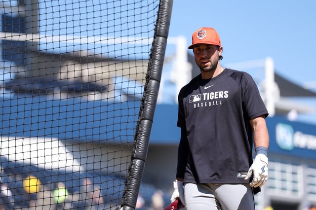 Feb 23, 2025; Tampa, Florida, USA; Detroit Tigers outfielder Matt Vierling (8) takes batting practice before a game against the New York Yankees during spring training at George M. Steinbrenner Field. Mandatory Credit: Nathan Ray Seebeck-Imagn Images/File Photo