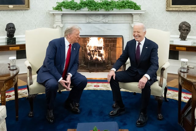 President Donald Trump and former President Joe Biden speak in the White House on November 13, 2024.