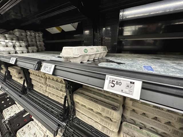 The price for a dozen eggs is displayed on the edge of a near-empty shelf in a refrigerated case in a Walmart store Tuesday, Feb. 18, 2025, in Englewood, Colo. (AP Photo/David Zalubowski)
