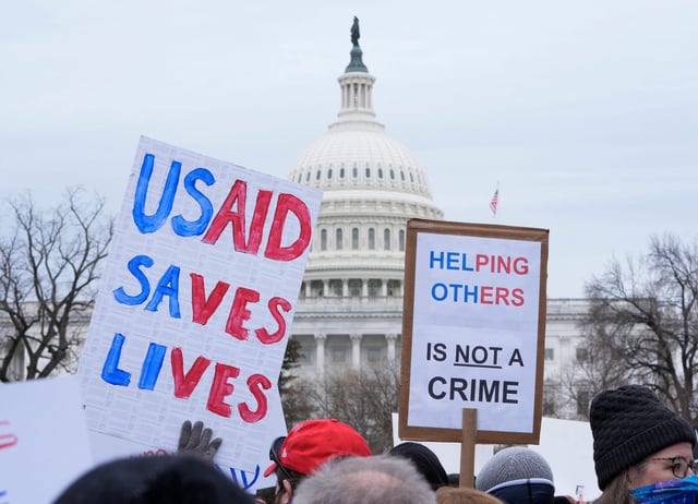 People protest in the support of USAID at the United States Capitol and bring together people protesting Project 2025 and President Donald Trump's executive orders coordinated with other protests across all 50 states on Wednesday, Feb 5, 2025.