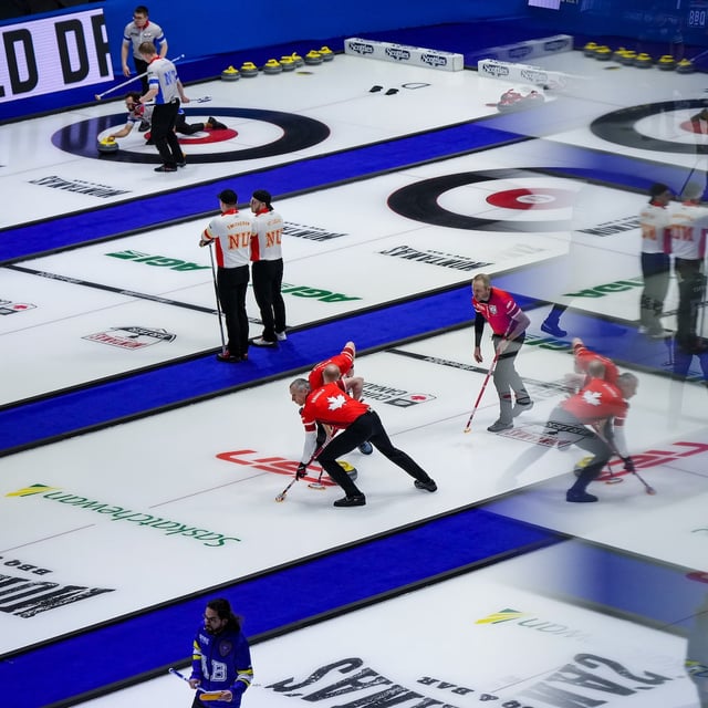 Reflected in a window of an arena suite; Canada second E.J. Harnden and third Mark Nichols, centre left, sweep as lead Geoff Walker watches his shot while playing Prince Edward Island during the Brier, in Regina, on Wednesday, March 6, 2024. The equipment technology tension that has engulfed the elite curling scene in recent weeks is expected to be put on hold at the Montana's Brier. THE CANADIAN PRESS/Darryl Dyck