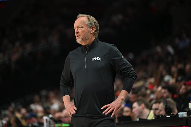 Head coach Mike Budenholzer of the Phoenix Suns looks on during the second quarter of the game against the Portland Trail Blazers at Moda Center on February 01, 2025 in Portland, Oregon.