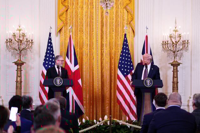British Prime Minister Keir Starmer and U.S. President Donald Trump speak during a joint press conference in the East Room at the White House, February 27, 2025 in Washington, D.C., U.S. Carl Court/Pool via REUTERS/File Photo