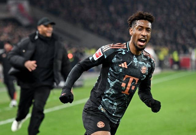 Soccer Football - Bundesliga - VfB Stuttgart v Bayern Munich - MHPArena, Stuttgart, Germany - February 28, 2025 Bayern Munich's Kingsley Coman celebrates scoring their third goal REUTERS/Angelika Warmuth