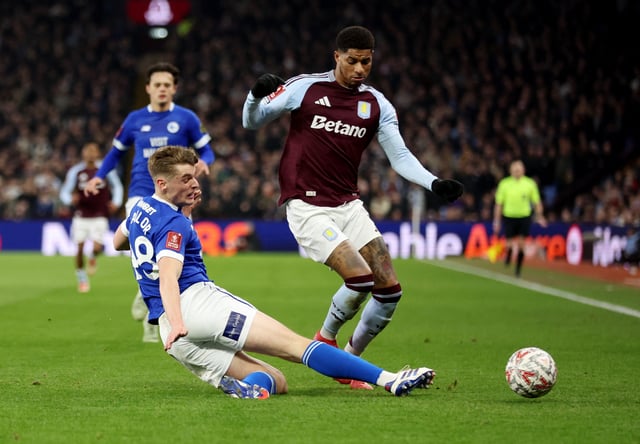 Soccer Football - FA Cup - Fifth Round - Aston Villa v Cardiff City - Villa Park, Birmingham, Britain - February 28, 2025 Aston Villa's Marcus Rashford in action with Cardiff City's Dylan Lawlor REUTERS/Chris Radburn