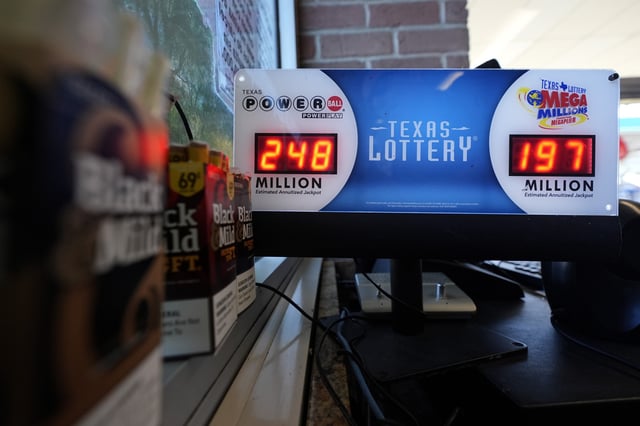 A Texas Lottery sales terminal shows the jackpot amounts up to win at Fuel City in Dallas, Wednesday, February 26, 2025.