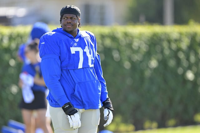Jul 29, 2024; Los Angeles, CA, USA; Los Angeles Rams offensive tackle Alaric Jackson (77) looks on during training camp at Loyola Marymount University. Mandatory Credit: Jayne Kamin-Oncea-USA TODAY Sports/File Photo