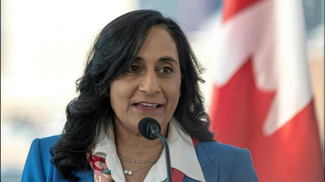 Canada’s Transport Minister Anita Anand speaks at a press conference in the Old Port of Montreal in Montreal, Canada, on February 19. (AFP)