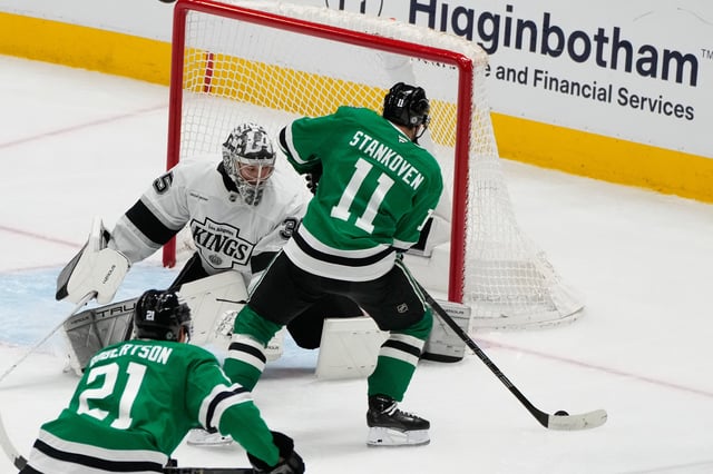 Feb 28, 2025; Dallas, Texas, USA; Dallas Stars center Logan Stankoven (11) scores a goal against the Los Angeles Kings during the third period at American Airlines Center. Mandatory Credit: Chris Jones-Imagn Images