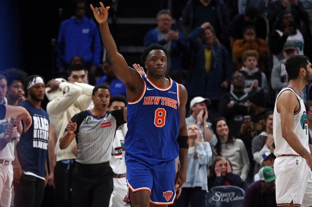 Feb 28, 2025; Memphis, Tennessee, USA; New York Knicks forward OG Anunoby (8) reacts after the game winning three pointer during the fourth quarter against the Memphis Grizzlies at FedExForum. Mandatory Credit: Petre Thomas-Imagn Images