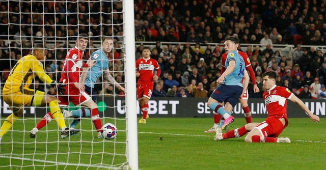 Soccer Football - Championship - Middlesbrough v Burnley - Riverside Stadium, Middlesbrough, Britain - April 7, 2023  Burnley's Connor Roberts scores their second goal  Action Images/Craig Brough