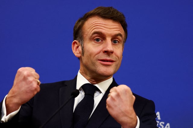 French President Emmanuel Macron speaks during a joint press statement with Portuguese Prime Minister Luis Montenegro (not pictured), at Porto City Hall, in Porto, Portugal, February 28, 2025. REUTERS/Pedro Nunes/File Photo