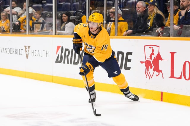 Feb 25, 2025; Nashville, Tennessee, USA;  Nashville Predators center Gustav Nyquist (14) skates behind the net against the Florida Panthers during the third period at Bridgestone Arena. Steve Roberts-Imagn Images/File Photo