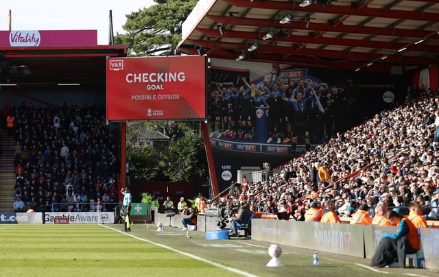 Soccer Football - FA Cup - Fifth Round - AFC Bournemouth v Wolverhampton Wanderers - Vitality Stadium, Bournemouth, Britain - March 1, 2025 A big screen displays a VAR review message Action Images via Reuters/Peter Cziborra