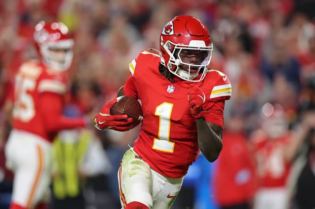 KANSAS CITY, MISSOURI - OCTOBER 07: Xavier Worthy #1 of the Kansas City Chiefs rushes for a touchdown during the fourth quarter against the New Orleans Saints at GEHA Field at Arrowhead Stadium on October 07, 2024 in Kansas City, Missouri.