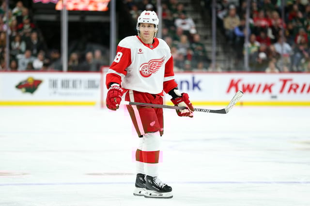 Patrick Kane #88 of the Detroit Red Wings looks on against the Minnesota Wild in the second period at Xcel Energy Center on February 25, 2025 in St Paul, Minnesota.
