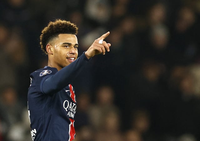 Soccer Football - Ligue 1 - Paris St Germain v Lille - Parc des Princes, Paris, France - March 1, 2025 Paris St Germain's Desire Doue celebrates scoring their fourth goal REUTERS/Abdul Saboor